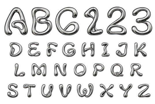 PNG Glossy chrome hand-drawn bubble alphabet and numbers font sheet