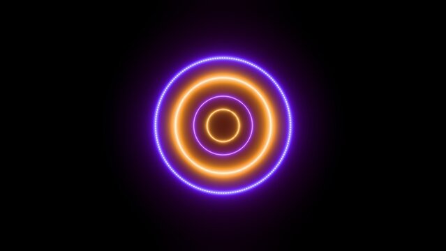 3D render of orange and purple dashed circles on dark black background