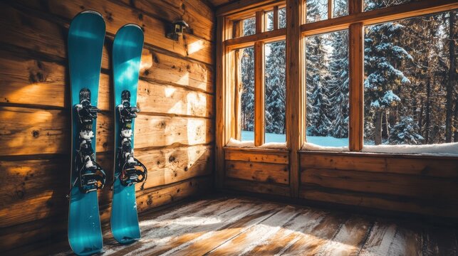 Sunlight Glinting Off Polished Ski Equipment in Wooden Cabin