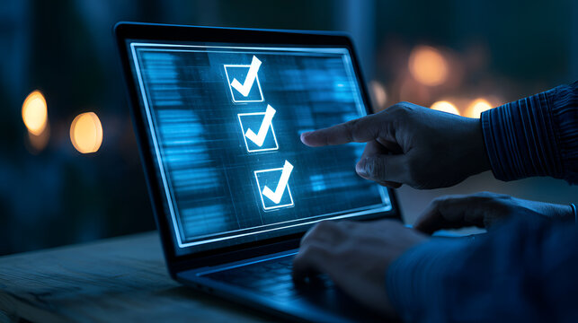Business checklist and task management concept with digital to do list interface on laptop. Project planning, workflow organization, productivity tracking and corporate management technology.