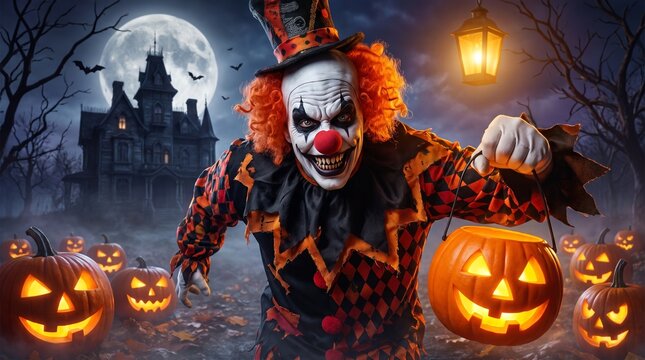 Creepy Evil Clown Carrying A Glowing Jack O Lantern In A Spooky Haunted Forest Halloween Night Landscape