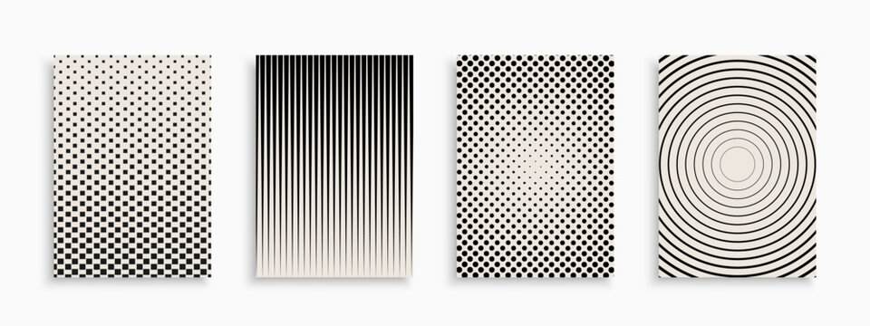 Set of monochrome halftone abstract geometric covers, templates, placards, brochures, banners, backgrounds. Minimalistic striped and dotted gradient modern posters