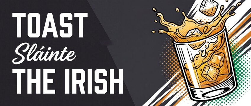 Irish whiskey splash glass banner with Slainte toast text vector illustration for Saint Patricks Day holiday celebration party banner background in dynamic retro comic pop art style with alcohol