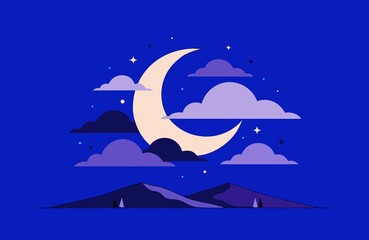 Beautiful crescent moon above layered mountains and soft clouds in a peaceful blue fantasy night scene © captanjacksparrow