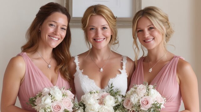 Radiant Bride Holds White Roses, Smiling Joyfully with Elegant Bridal Bouquet on Wedding Day.