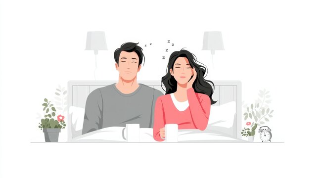 Cozy Couple Enjoying Morning Coffee in Bed - Warm, Relaxed Lifestyle Illustration for Home and Wellness Content.