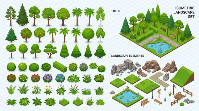 Isometric landscape set with various trees rocks and park elements