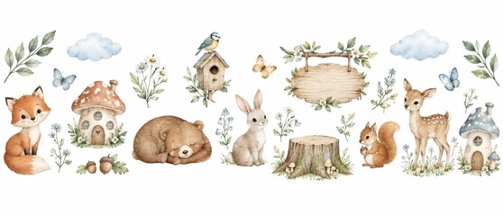 Obraz premium Watercolor woodland animal nursery collection with forest elements on white background