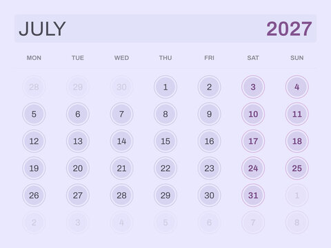 Calendar for July 2027 on light purple background