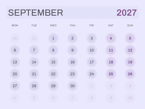 Calendar for September 2027 on light purple background