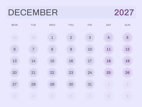 Calendar for December 2027 on light purple background