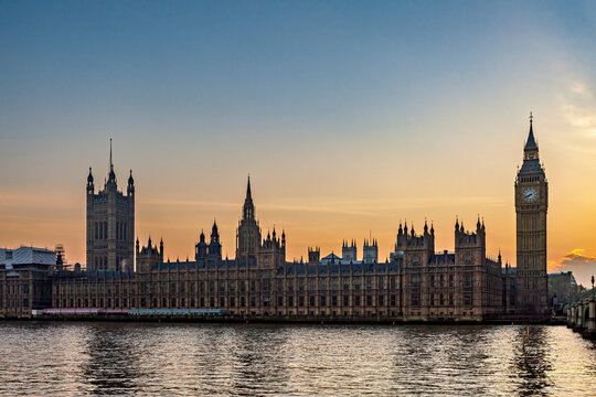 The Palace of Westminster with Elizabeth Tower in London at sunset