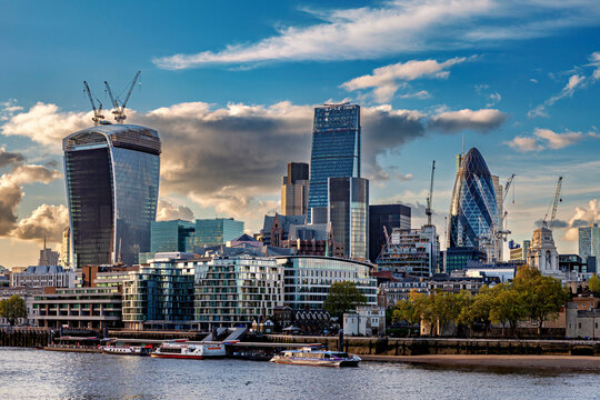 The skyline of the City of London on the River Thames