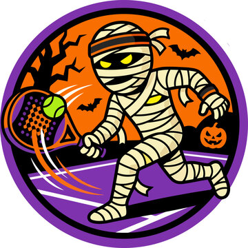 Halloween Mummy Playing Padel Tennis Cartoon Vector Illustration