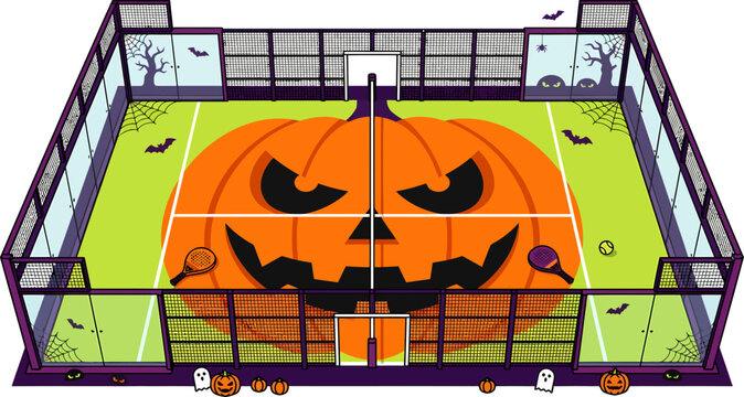 Spooky Halloween Padel Court Illustration with Giant Jack-o-lantern and Bats