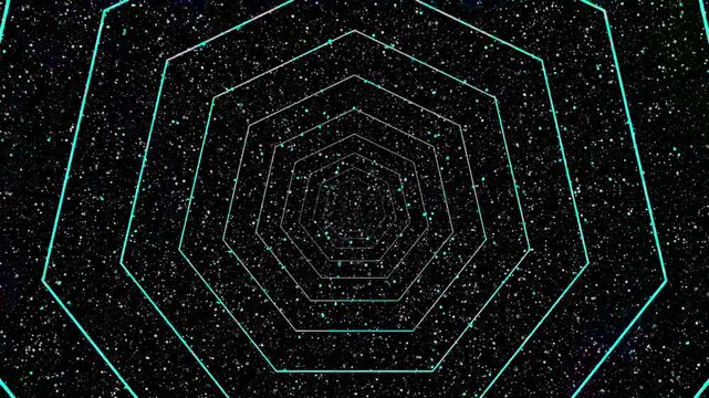 Octagonal tunnel animation recedes into space with cyan neon lines. Futuristic sci-fi corridor perspective animates the octagonal tunnel. Deep interstellar travel motion fills the octagonal tunnel.
