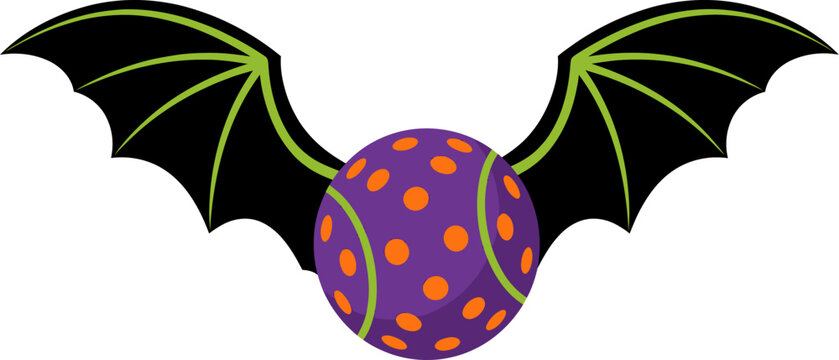 Purple Halloween Pickleball with Black Bat Wings Vector Graphic Illustration