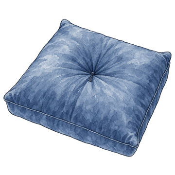 Indigo Square Zabuton Cushion with Raised Corners and Central Tie in Watercolor