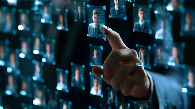 Digital recruitment and talent management concept showing a professional selecting employee profiles through an online platform, representing hiring, human resources, staffing, workforce technology.