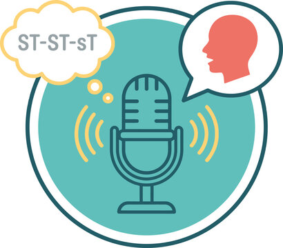 Of a vintage microphone with a speech bubble showing a human profile and a thought bubble containing the text s t s t s t representing a stuttering speech impediment or vocal difficulty
