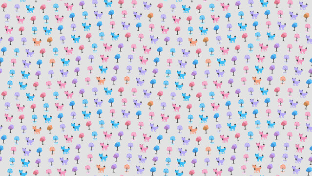 Seamless pattern of cartoon foxes and trees