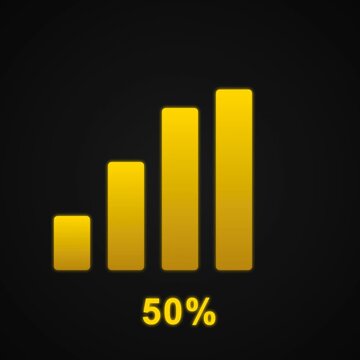 Animated Yellow Rising Bar Chart and Progress Indicator Reaching 99 Percent on Black Background for User Interface Design