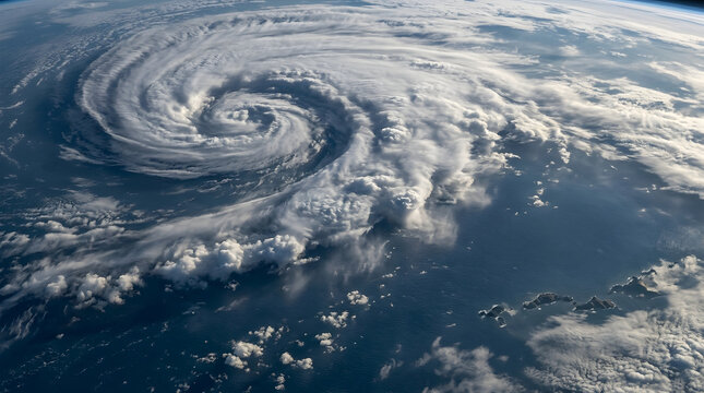 Hurricane from space, massive swirling cloud formation with eye, rotating over deep ocean, satellite perspective, professional climate science news report, atmospheric environmental disaster research