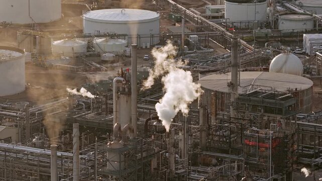 Oil refinery with smoke coming out of chimneys drone video Denver Colorado 4K