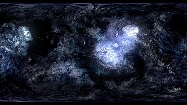 Abstract cave texture animation glows with blue light illumination. Moody subterranean geological rock shifts in the cave texture. Panoramic equirectangular projection defines the cave texture.
