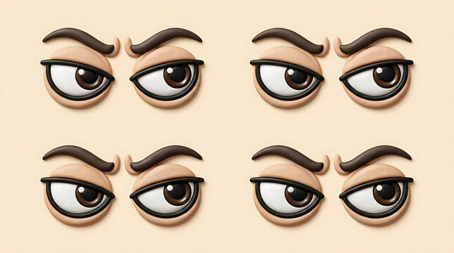 Set of cartoon clay eyes looking sideways with skeptical expressions