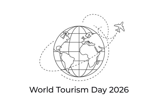 Minimalist line art illustration of globe and airplane for world tourism day with airplane lineart travel icon world map travel graphic aviation design flight route tourism logo international