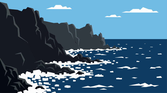 Minimalist flat vector illustration of dark jagged cliffs overlooking a deep blue ocean with white crashing waves under a clear sky with clouds.