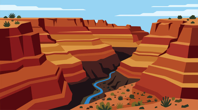 Flat vector illustration of a massive red rock canyon with a winding blue river under a clear sky, depicting a scenic desert landscape.