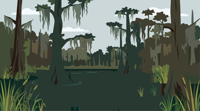 Flat vector illustration of a mysterious swamp landscape featuring cypress trees with hanging moss over dark water.