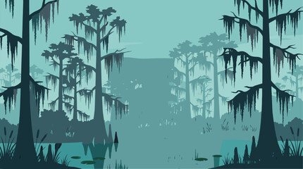 Obraz premium Flat vector illustration of a misty cypress swamp in a southern bayou with Spanish moss hanging from trees and lily pads on calm water.