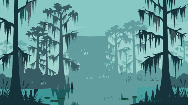 Flat vector illustration of a misty cypress swamp in a southern bayou with Spanish moss hanging from trees and lily pads on calm water.