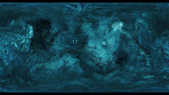 Deep teal cave texture animation reveals subtle blue light accents. Organic subterranean stone formations shift in the cave texture. Equirectangular panoramic mapping shapes the teal cave texture.