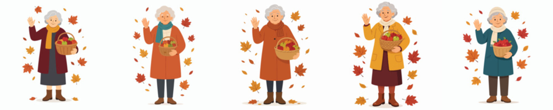 A flat vector illustration of a grandma standing and waving while carrying a basket of apples after the autumn harvest