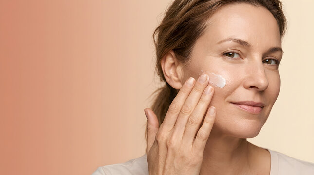 Mature woman skin care, applying hydrating face cream on cheek with fingers, healthy natural glowing complexion, peach gradient studio backdrop, advertising for anti-aging beauty marketing campaign.