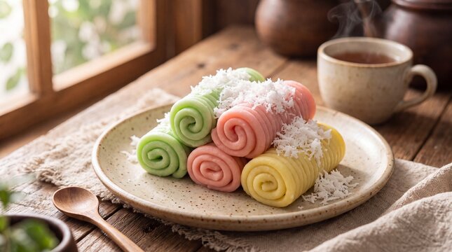 A macro shot of traditional Indonesian Getuk Lindri cassava cake noodles, artfully rolled and colored in pastel hues, sprinkled with grated coconut, warm morning rim light, professional food photograp