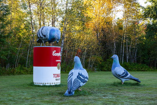 Quebec City, Quebec, Canada, September 19, 2026 - The Jean-Fran&ccedil;ois Cooke et Pierre Sasseville public art installation The Odyssey with its giant pigeons and Campbell soup can Warhol reference