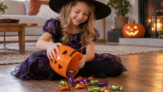 appy little girl in a witch costume sitting on a cozy living room floor, pouring colorful trick-or-treat candies from a plastic pumpkin bucket after Halloween night