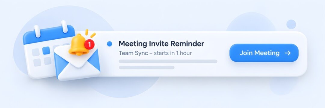 Clean 3D digital interface showing a meeting invite reminder notification with calendar and envelope icons alongside a join meeting button