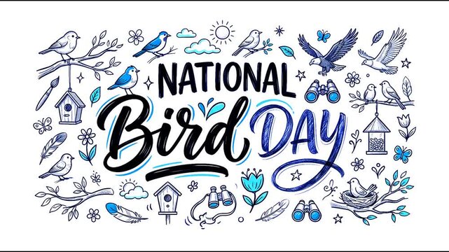 National Bird Day hand drawn lettering illustration with cute birds birdhouses and binoculars vector background.
