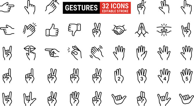 Set of 32 hand gesture line icons, including pointing, thumbs up, peace sign, and counting fingers