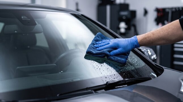 Mechanic applying protective coating to car windshield in professional workshop using a microfiber cloth. The technician wears blue nitrile gloves to prepare the glass for winter.