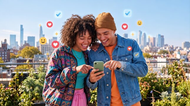 smiling young couple looking at smartphone together on sunny rooftop terrace with city skyline and social media icons