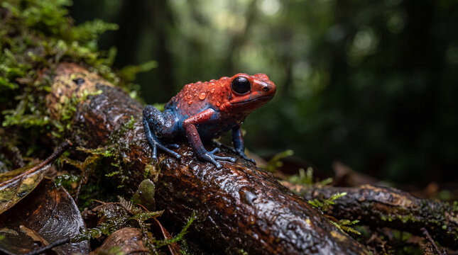 Red and blue amphibian wet log rainforest captured macro photography with water droplets skin and blurred background