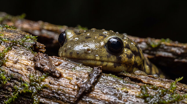 Macro amphibian in rainforest close up of wet salamander on mossy bark with water droplets and dark background