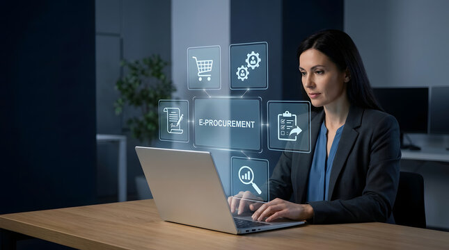 Digital e-procurement system, professional woman managing supply chain with futuristic holographic interface, glowing icons and laptop on desk, modern office setting, corporate efficiency solutions.